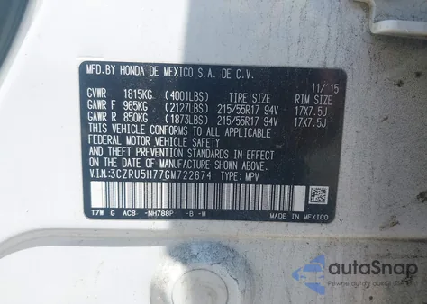 2016 Honda Hr-V Ex-L из США, поврежденный, VIN 3CZRU5H77GM722674